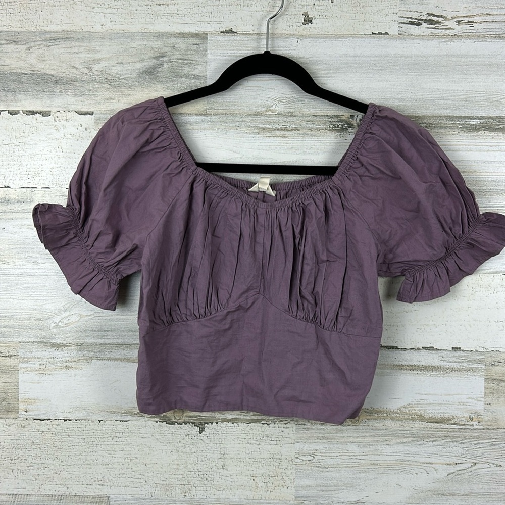 Sim & Sam Women's L Purple lightweight crop top corset style ruffle sleeve